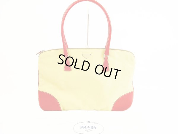 Photo1: PRADA Canvas&Leather Beige Red Hand Bag Purse #5896
