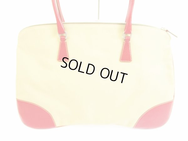 Photo2: PRADA Canvas&Leather Beige Red Hand Bag Purse #5896