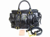 miumiu Carf Leather Black Hand Bag 2way Bag With Strap #3723