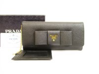 PRADA Saffiano Leather Ribbon Black Bifold Long Wallet Purse #6264