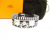 HERMES Black White Canvas Leather Bangle Bracelet Collier de Chien #6972