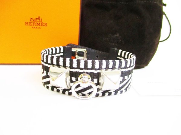 Photo1: HERMES Black White Canvas Leather Bangle Bracelet Collier de Chien #6972