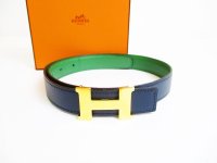 HERMES Mini Constance Gold H Buckle Green Leather Belt Waist Size 60 #6986