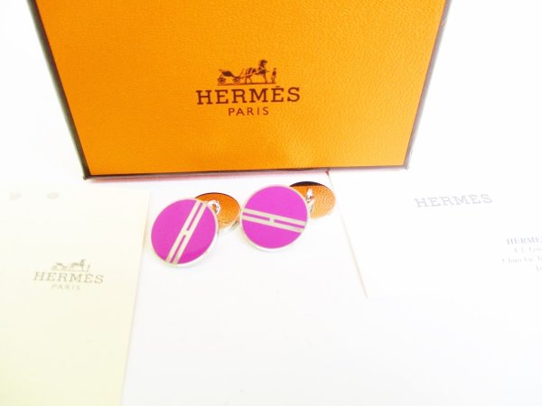 Photo1: HERMES H Motif Silver Plated Pink Cufflinks Cuffs #7607