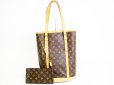 Photo1: LOUIS VUITTON Monogram Brown Leather Tote Bag Bucket GM w/Pouch #7624 (1)