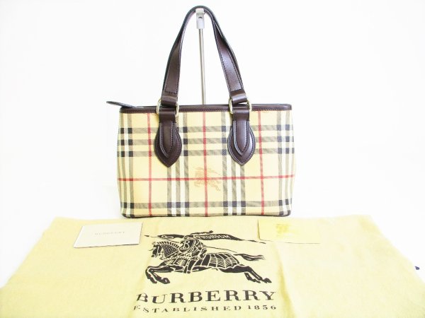 Photo1: BURBERRY Hymarket Check Brown PVC Hand Bag Tote Bag Purse #7785