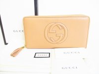 GUCCI Soho Beige Leather Round Zip Long Wallet Purse #7795