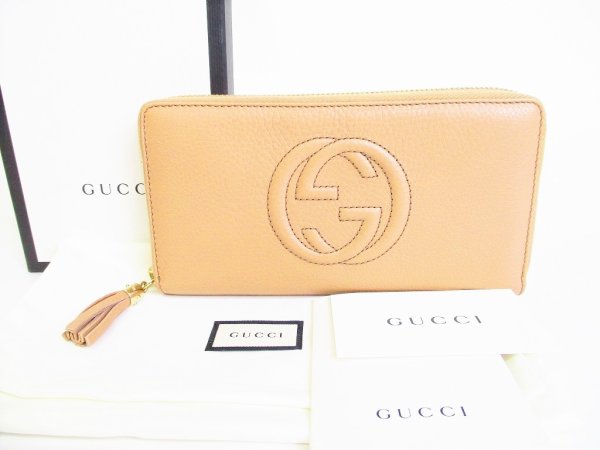 Photo1: GUCCI Soho Beige Leather Round Zip Long Wallet Purse #7795