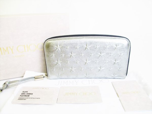 Photo1: Jimmy Choo Embossed Stars Metallic Leather Round Zip Wallet #7913