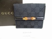 GUCCI GG Black Canvas Bamboo Bifold Wallet Compact Wallet #8353