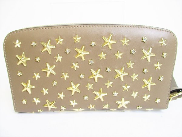 Photo2: Jimmy Choo Gold Metal Stars Light Mocha Leather Round Zip Wallet #8365