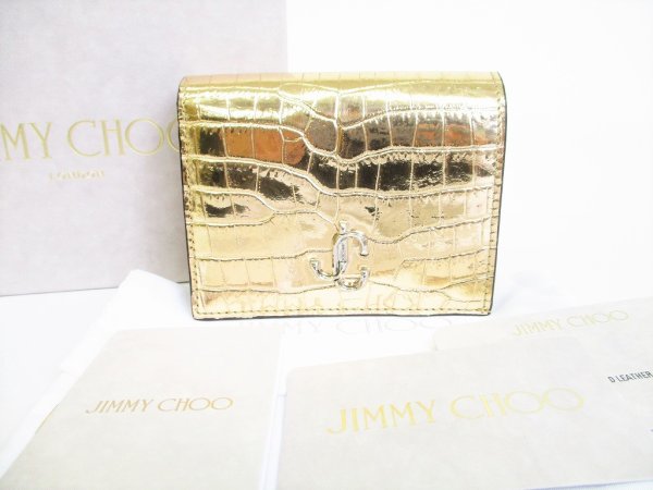 Photo1: Jimmy Choo Light Gold Leather Bifold Wallet Compact Wallet #8384