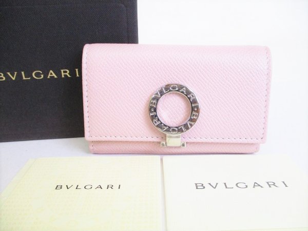 Photo1: BVLGARI Light Pink Leather Logo Clip 6 Pics Key Cases #8461