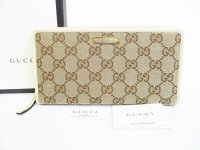 GUCCI GG Brown Canvas White Leather Round Zip Long Wallet #8474