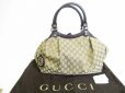 Photo1: GUCCI GG Brown Canvas Brown Leather Hand Bag Tote Bag Purse #8485 (1)