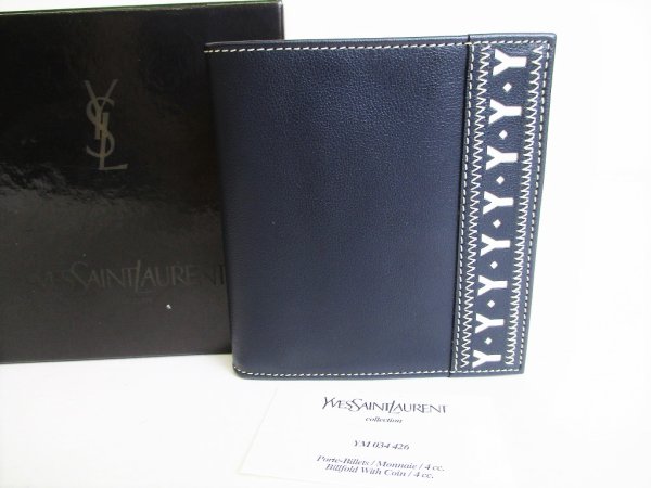 Photo1: Yves Saint Laurent YSL Navy Marine Leather Bifold Wallet #8535