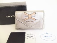 PRADA Ribbon Silver Saffiano Leather Trifold Wallet Compact Wallet #8714