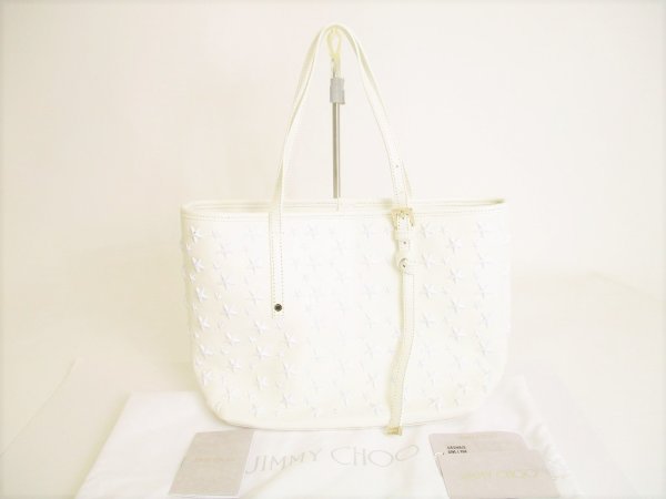 Photo1: Jimmy Choo Plastic Stars White Leather Tote Bag Purse SASHA S #8733