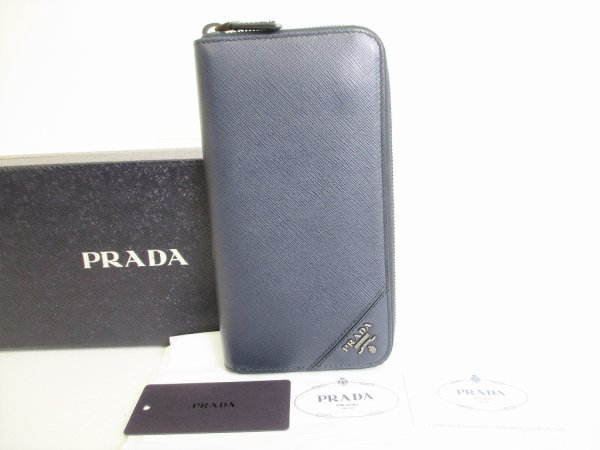 Photo1: PRADA Navy Blue Saffiano Metal Leather Round Zip Long Wallet #8734