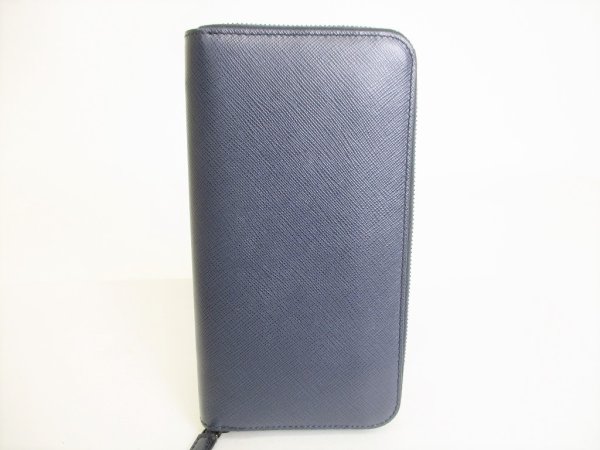 Photo2: PRADA Navy Blue Saffiano Metal Leather Round Zip Long Wallet #8734