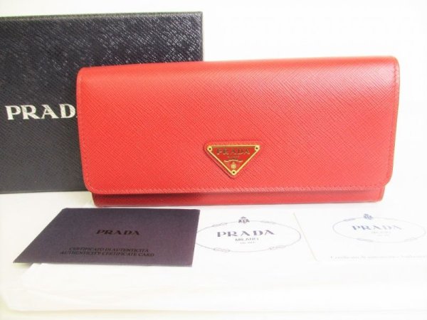 Photo1: PRADA Red Saffiano Rose Leather Flap Long Wallet Purse #8737
