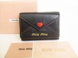 Photo1: miumiu Black Leather Madras Love Trifold Wallet Compact Wallet #8740 (1)