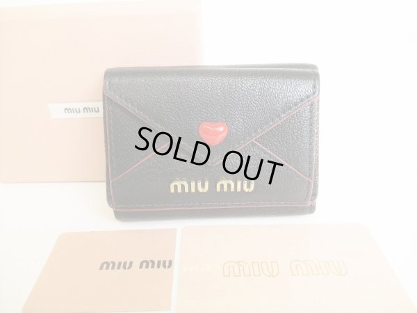 Photo1: miumiu Black Leather Madras Love Trifold Wallet Compact Wallet #8740