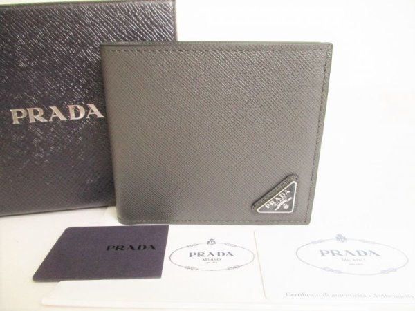 Photo1: PRADA Gray Tricolor Saffiano Leather Bifold Wallet Compact Wallet #8744