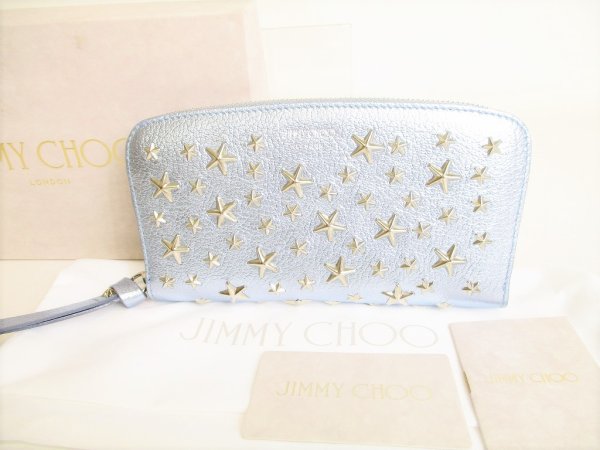 Photo1: Jimmy Choo Metal Stars Light Blue Leather Round Zip Wallet #8749