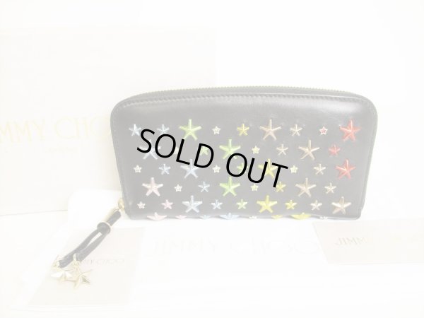 Photo1: Jimmy Choo Multicolor Metal Stars Black Leather Round Zip Wallet FILIPA #8768