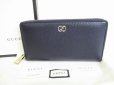 Photo1: GUCCI GG Metal Navy Blue Leather Round Zip Long Wallet #8803 (1)