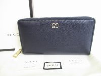 GUCCI GG Metal Navy Blue Leather Round Zip Long Wallet #8803