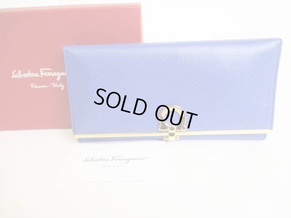 Photo1: Salvatore Ferragamo Gancini Blue Leather Bifold Long Wallet #8814