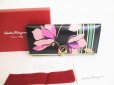 Photo1: Salvatore Ferragamo Gancini Black Leather Flower Motif Flap Wallet #8815 (1)