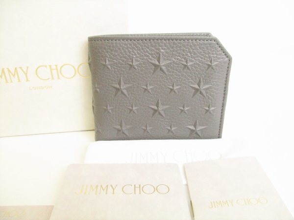 Photo1: Jimmy Choo Embossed Stars Gray Leather Bifold Wallet Compact Wallet #8854