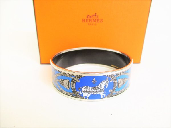 Photo1: HERMES Blue Enamel Bangle Bracelet Email Imprime GM #8863