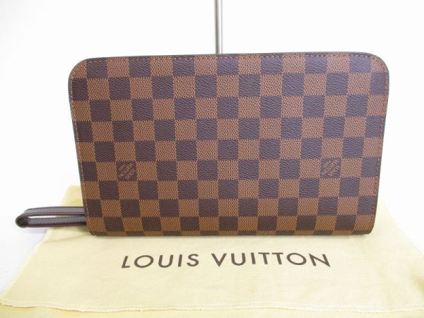 Photo1: LOUIS VUITTON Damier Brown Leather Clutch Bag Purse Saint Louis #8878