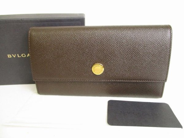 Photo1: BVLGARI Brown Leather Gold H/W Flap Long Wallet #8915