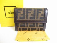 FENDI Zucca Khaki Canvas Brown Leather Bifold Wallet Compact Wallet #8916