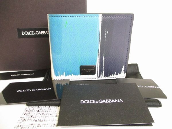 Photo1: DOLCE&GABBANA Light Blue Navy Blue Multicolor Leather Bifold Wallet #8940