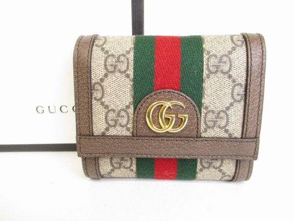 Photo1: GUCCI GG Canvas Brown Leather Trifold Wallet Compact Wallet #8947