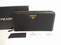 PRADA Black Nylon Leather Gold H/W Round Zip Long Wallet #9000
