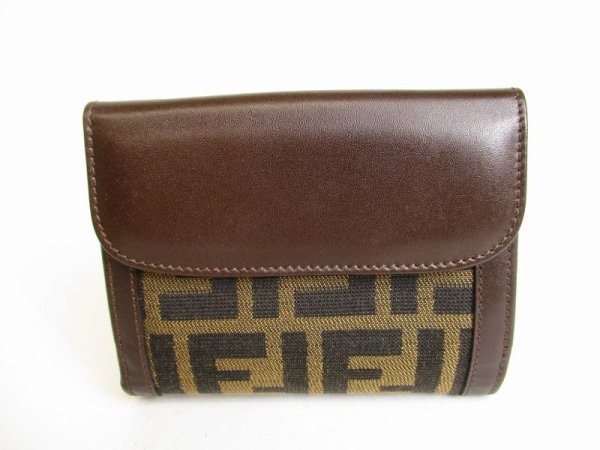 Photo2: FENDI Zucca Canvas Brown Leather Bifold Wallet Compact Wallet #9002