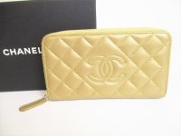 CHANEL Gold Leather Round Zip Mini Wallet Card Case #9012