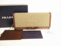PRADA Logo Jacquard Beige Canvas Brown Leather Flap Long Wallet #9025