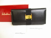 Salvatore Ferragamo Vala Black Leather Bifold Flap Long Wallet #9078