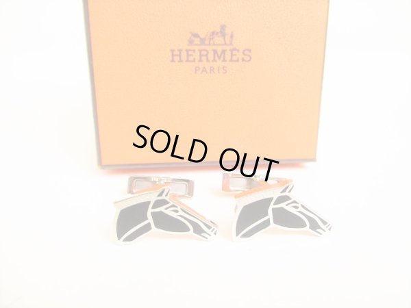 Photo1: HERMES Silver Plated Black Horse Motif Cufflinks Cuffs #9082