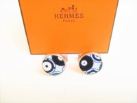 HERMES Silver Steel Blue Canvas Cufflinks Cuffs #9087