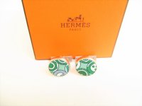 HERMES Green Canvas Steel Cufflinks Cuffs #9114