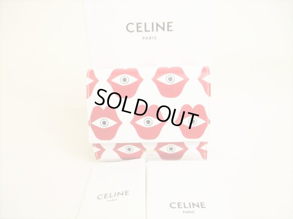 Photo1: CELINE White Red Leather Small Trifold Wallet Compact Wallet #9133